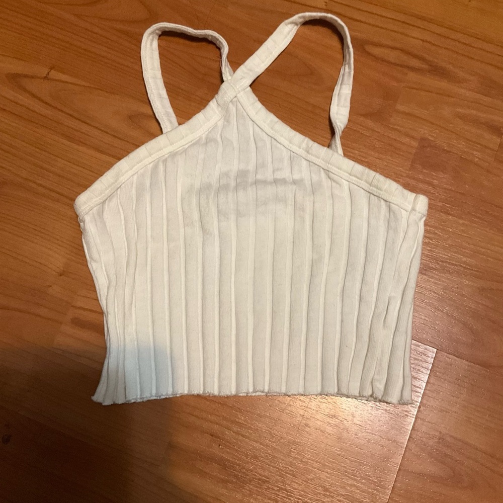 ZARA White Ribbed Knit Halter Top Criss Cross Crop Tank Sexy Summer Cami‎ M